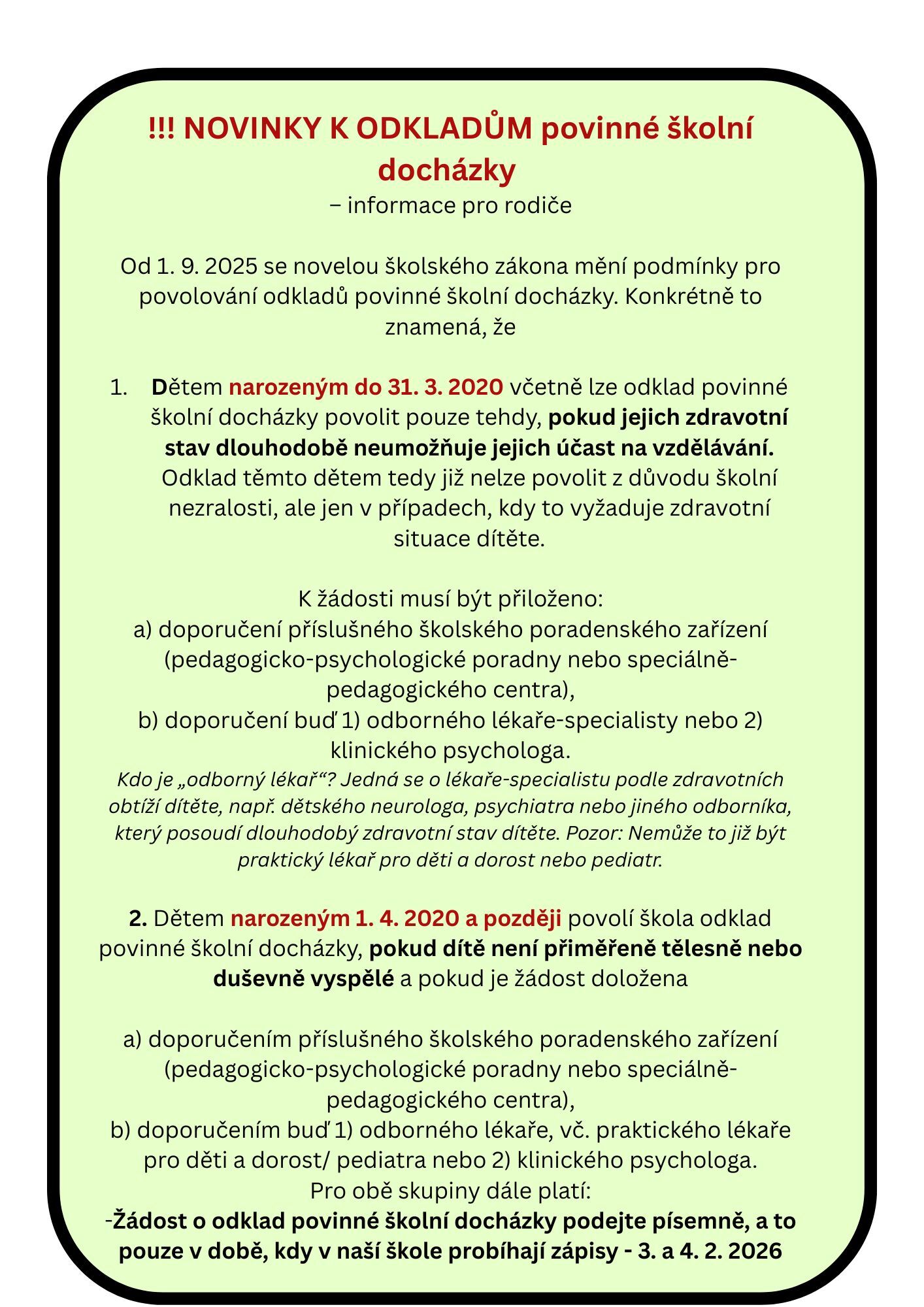 Novinky k odkladům povinné školní docházky